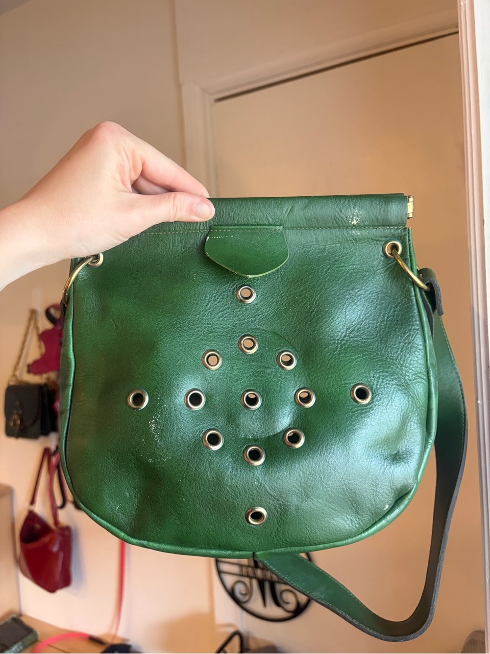 FREE with purchase! Vintage Green Leather Crossbody Bag with Eyelet Detail - Picture 3 of 14